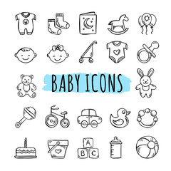 Sketched baby icons vector set. Hand drawn kids symbols: toys, food, clothes