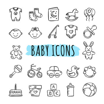 Sketched Baby Icons Vector Set. Hand Drawn Kids Symbols: Toys, Food, Clothes