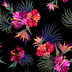 vector tropical pattern. Seamless design with hihiscus, palm, bird of paradise. Intense colors, vintage style - 102795872