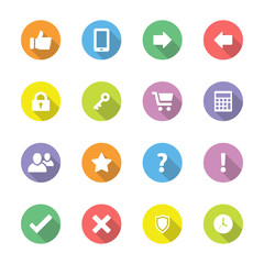 Colorful simple flat icon set 2 on circle with long shadow for web design, user interface (UI), infographic and mobile application (apps)