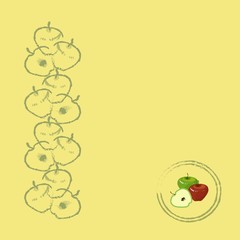 Khaki the contours of apples, on a light yellow background, painting. Healthy food, fruit, juice, background, organic, packaging design, product packaging, product label, clip art, vector
