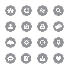 web icon set 1 on gray circle for web design, user interface (UI), infographic and mobile application (apps)