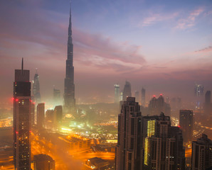 Fototapeta na wymiar Downtown Dubai covered by early morning fog