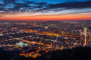 Sunset at seoul city and Downtown skyline in Seoul, South Korea