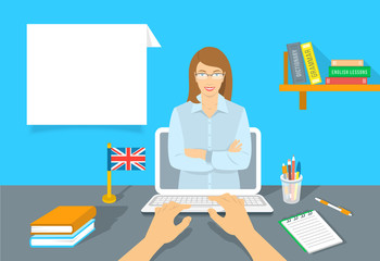 Online Internet language courses flat vector illustration. Foreign languages study at home using computer. English teacher with text box and book, notebook, a pen and the British flag on the table