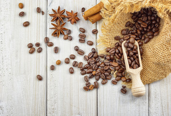 Coffee beans spilled out of the bag.