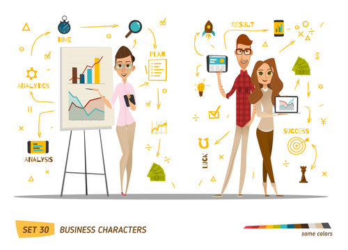 Business characters set. Working time in office
