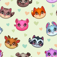 Funny vector texture with cute animal faces