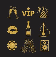 Fototapeta premium A collection of sparkling gold glitter stylized fancy night club and party icons for flier, banner, typography, web, design