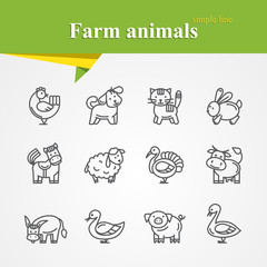 Simple thin line Farm animals icons set with cat,rabbit,turkey,duck,goose,dog,chicken,horse,lamb,turkey,donkey,pig