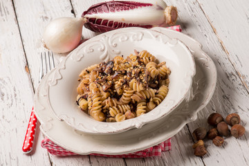 pasta with chicory and hazelnut