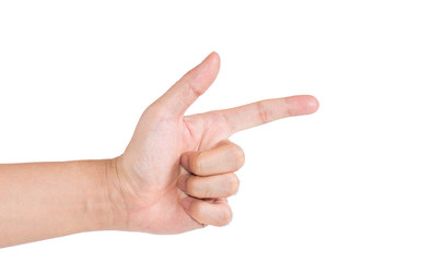 The hand  make with the shape of the gun or pointing