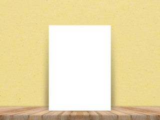 Blank white paper poster at tropical plank wooden floor and paper wall, Template mock up for adding your content,leave side space for display of product