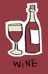 Glass and bottle of red wine on red background