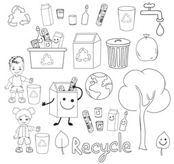 Ecology elements  on Earth Day. Happy children celebrate Earth Day.Vector illustration isolated on white background.Coloring.