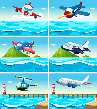Airplanes and helicopters over the ocean