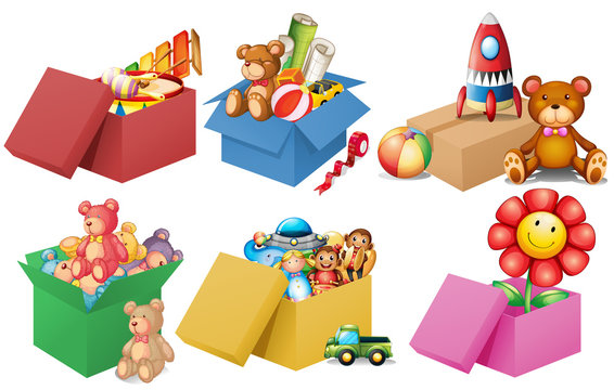 Six boxes of toys
