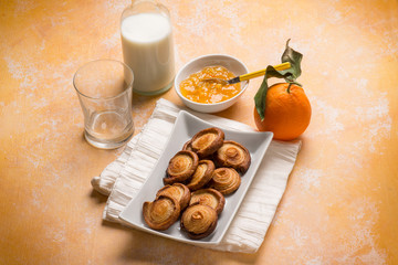 breakfast with croissant orange marmalade and milk