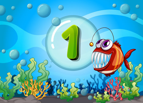 Flashcard number one with 1 fish underwater
