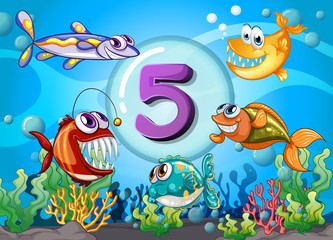 Naklejka na ściany i meble Flashcard number 5 with 5 fish underwater