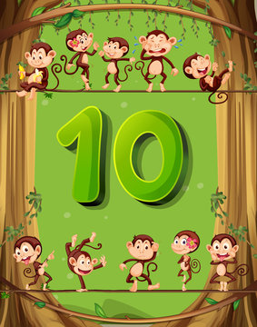 Number ten with 10 monkeys on the tree