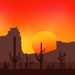 Sunset with Saguaro Cactus. Desert. Vector background.