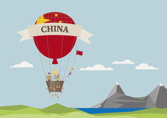 Fototapeta na wymiar Air Balloon with china flag and people