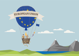 Fototapeta na wymiar Air Balloon with EU flag and people