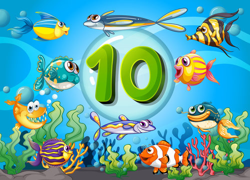 Flashcard number ten with 10 fish underwater