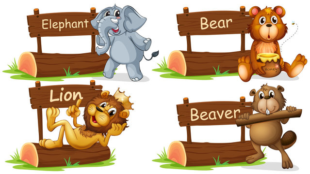 Four wild animals with wooden sign