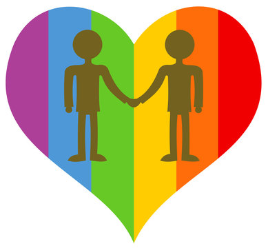 Rainbow love heart with silhouette of couple of two homosexual men and gays