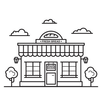 Bakery shop building made in line art style. Fresh bread produce vector illustration.
