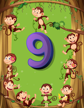 Number nine with 9 monkeys on the tree