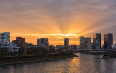 Fototapeta na wymiar Media harbor at sunset in Dusseldorf, Germany