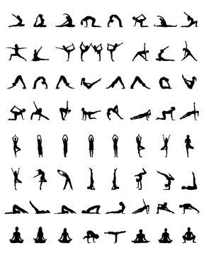Black silhouettes of yoga and fitness, vector
