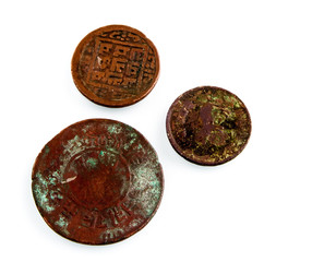 Old worn Nepalese coins.