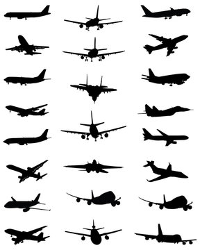 Black silhouettes of different aircrafts, vector