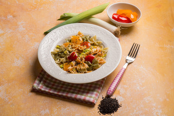 pasta with capsicum leek ans black sesame seed