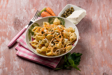 pasta with carrot capers and soft cheese