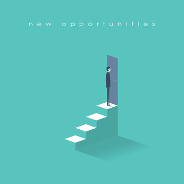 New opportunities concept vector background with businessman standing in front of door on top stairs. Career ladder conceptual illustration.