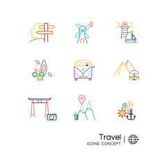 Travel and tourism thin line icons set. Outline symbol collectio
