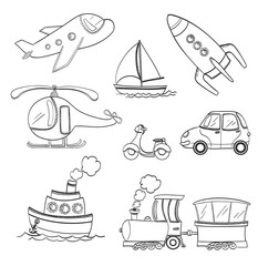 set of doodle transport. black and white line art  vector