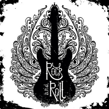Vintage hand drawn poster with electric guitar, ornate wings and lettering rock and roll on grunge background. Retro vector illustration. Design, retro card, print, t-shirt, postcard