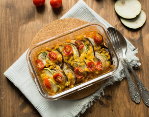 Traditional french ratatouille with vegetables and herbs. Top vi