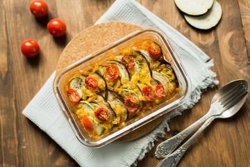 Traditional french ratatouille with vegetables and herbs. Top vi