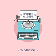 Vector illustration. Flat background with typewriter. Love, hearts. Valentines day. Be my valentine. 14 february. 