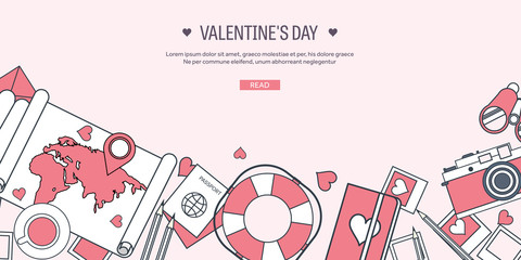 Vector illustration. Flat travel background with map, photocamera,papers. Love, hearts. Valentines day. Be my valentine. 14 february.  Message.