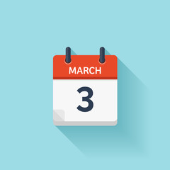 March 3. Vector flat daily calendar icon. Date and time, day, month. Holiday.