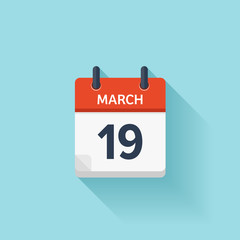 March 19. Vector flat daily calendar icon. Date and time, day, month. Holiday.