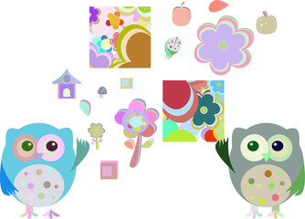 sweet owls, flowers vector